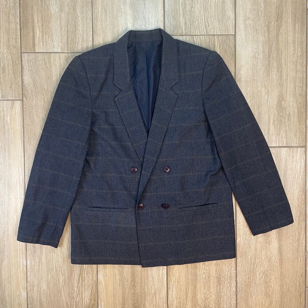 Diane von Furstenberg Wool Blazer Womens 12 Gray Plaid Double Breasted Vintage